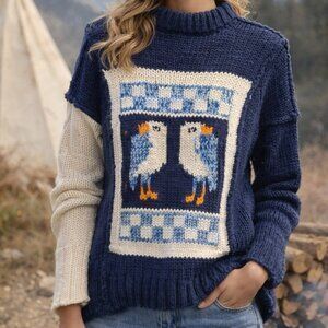 Pilcro Anthropologie Puffin Sweater XS Chunky Knit Intarsia Bird Cozy Cottagecor